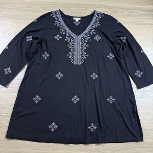 J Jill Top Women Large Embroidered Graphic Tunic Vneck Side Slits Black